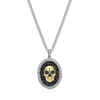 Classic Treasures Men's Rhodium Over Sterling Silver Genuine Black & Lab-Created White Sapphire Skull Oval Pendant Necklace