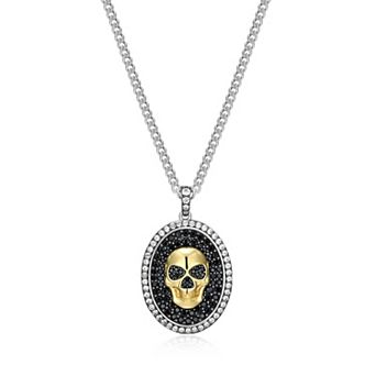 Classic Treasures Men's Rhodium Over Sterling Silver Genuine Black & Lab-Created White Sapphire Skull Oval Pendant Necklace