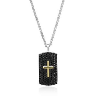 Classic Treasures Men's Rhodium Over Sterling Silver Black & Lab-Created White Sapphire Spinel Cross Dog Tag Necklace