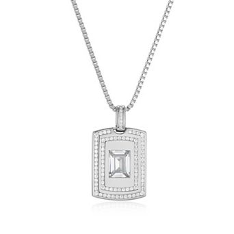Classic Treasures Men's Sterling Silver Double Row Cubic Zirconia Dog Tag Pendant Necklace
