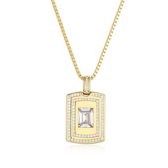 Classic Treasures Men's 18k Gold Over Silver Double Row Cubic Zirconia Dog Tag Pendant Necklace