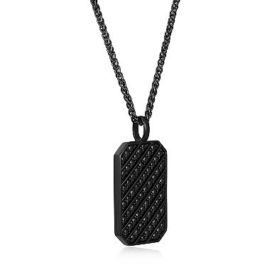 Men's Gunmetal Sterling Silver Black Cubic Zirconia Dog Tag Pendant Necklace