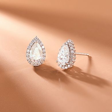 Classic Treasures Sterling Silver Lab-Created Moissanite Pear Halo Stud Earrings