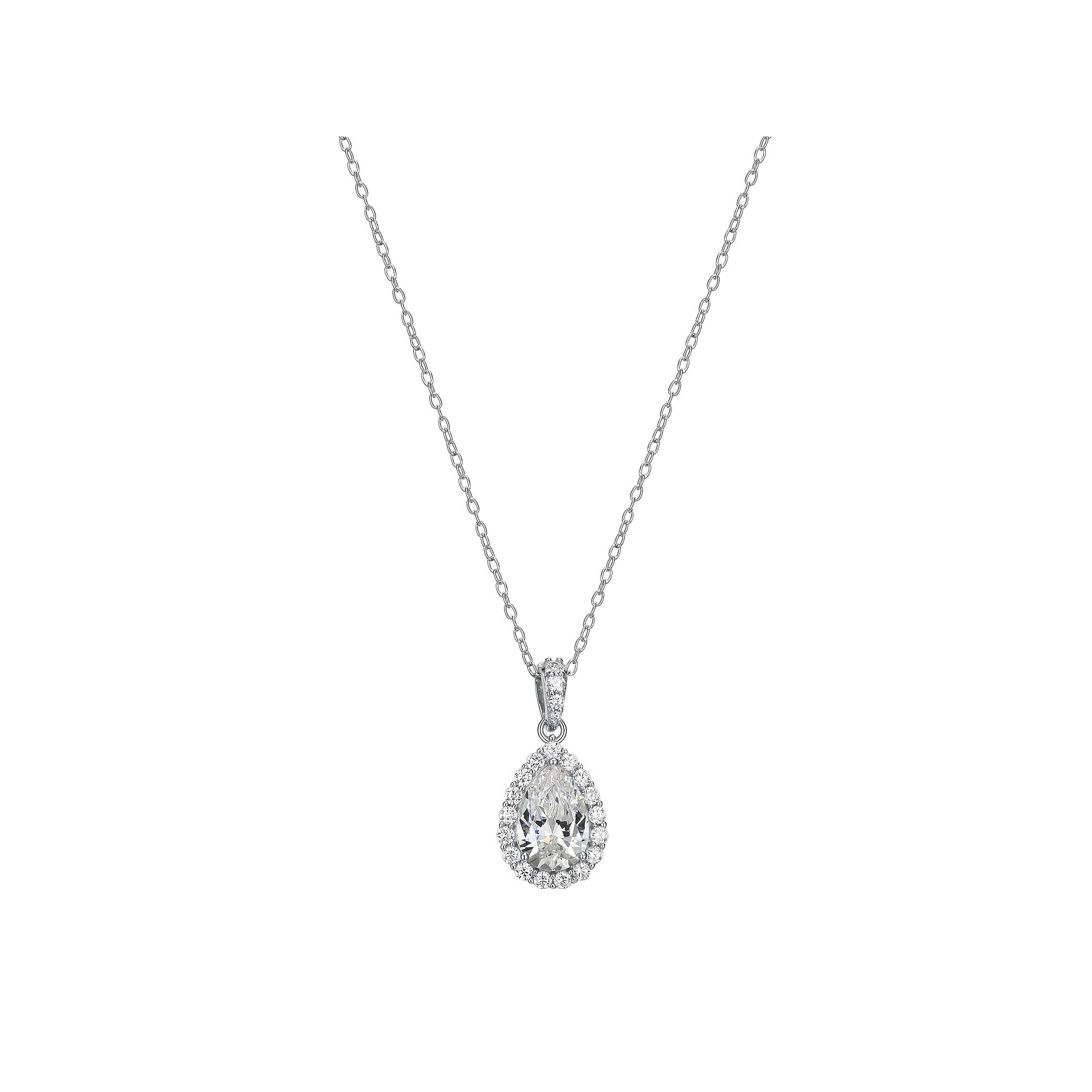 Sterling Silver Lab-Created Moissanite Pear Halo Pendant Necklace, Womens