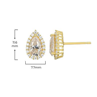 Classic Treasures 18k Gold Plated Silver Lab-Created Moissanite Pear Halo Stud Earrings