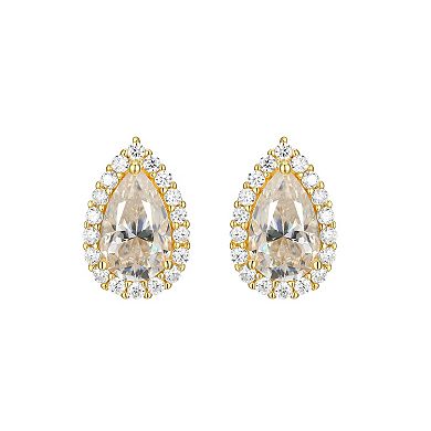 Classic Treasures 18k Gold Plated Silver Lab-Created Moissanite Pear Halo Stud Earrings