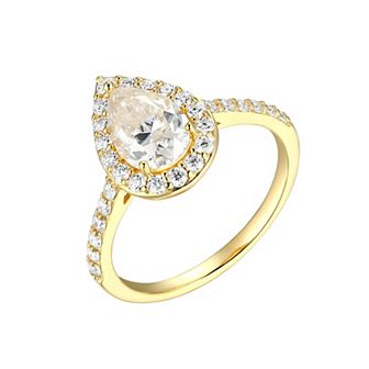 Classic Treasures 18k Gold Plated Silver Lab-Created Moissanite Pear Halo Ring