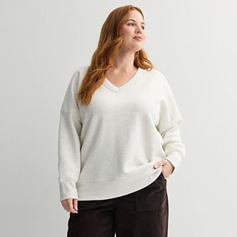 Plus Size Sonoma Goods For Life® V-Neck Relaxed Fit Fleece Sweatshirt