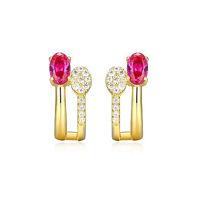 Classic Treasures 18k Gold and Rhodium Over Sterling Silver Lab-Created Ruby & 1/10 Carat T.W. Lab-Grown Diamond Double Bar Stud Earrings
