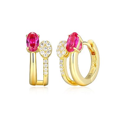 Classic Treasures 18k Gold and Rhodium Over Sterling Silver Lab-Created Ruby & 1/10 Carat T.W. Lab-Grown Diamond Double Bar Stud Earrings