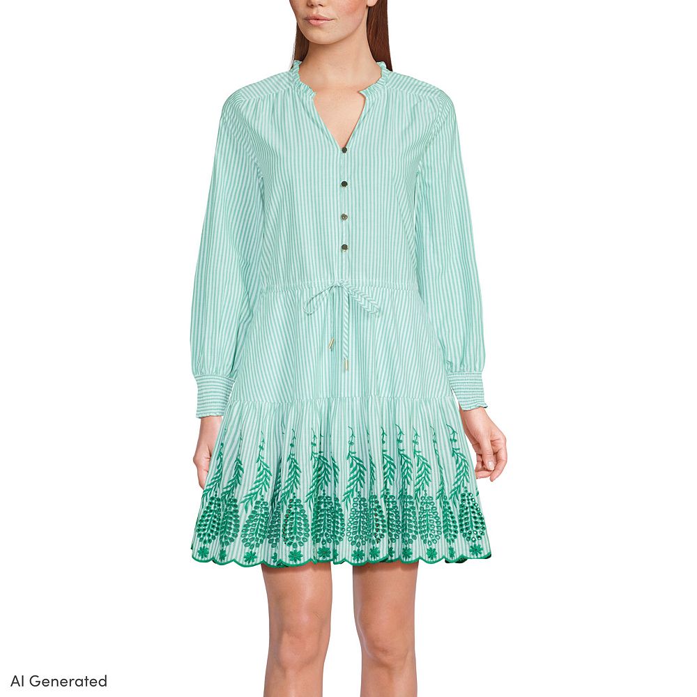 Women's Lands' End Long Sleeve Eyelet Mini Popover Dress
