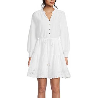 Women's Lands' End Long Sleeve Eyelet Mini Popover Dress