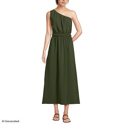 Lands' End Women's Creaseless One Shoulder Midi Dress - Dark Cilantro Green