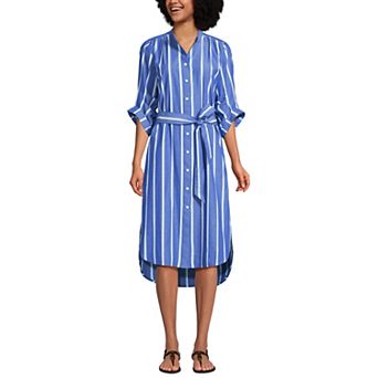 Women's Lands' End Striped Puff Sleeve Midi Shirt Dress