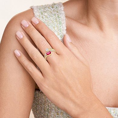 18k Gold and Rhodium Over Sterling Silver 1/5 Carat T.W. Lab-Grown Diamond Emerald Cut Bypass Birthstone Ring