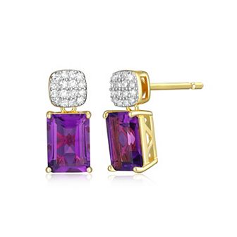 Classic Treasures 18k Gold Over Sterling Silver Birthstone & 1/10 Carat T.W. Lab-Created Diamond Emerald Cut Earrings