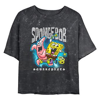 Juniors' Nickelodeon SpongeBob SquarePants And Patrick Bling Sponge Cropped Graphic Tee