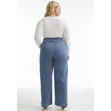 June + Vie Women's Plus Size Curvie Fit High-Waisted Wide-Leg Utility Jean
