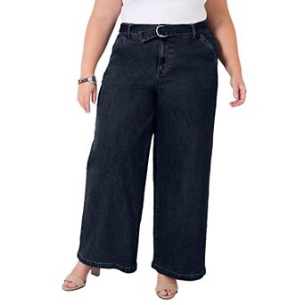 June + Vie Women's Plus Size Curvie Fit High-Waisted Wide-Leg Utility Jean