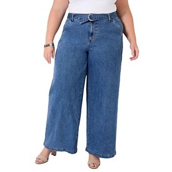 June + Vie Women's Plus Size Curvie Fit High-Waisted Wide-Leg Utility Jean