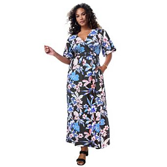 Roaman's Women's Plus Size Flutter Sleeve Wrap Maxi Dress