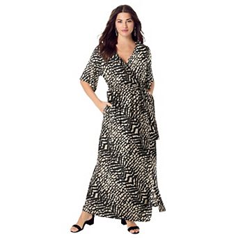 Roaman's Women's Plus Size Flutter Sleeve Wrap Maxi Dress