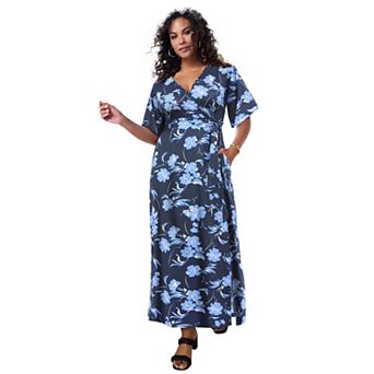 Roaman's Women's Plus Size Flutter Sleeve Wrap Maxi Dress