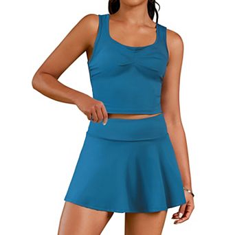 Two Piece Tennis Skirt Sets for Women Ruched Crop Top and Pleated Skort with Pockets Golf Outfits