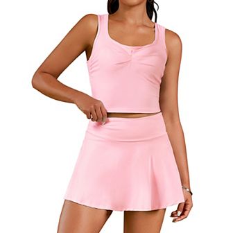 Two Piece Tennis Skirt Sets for Women Ruched Crop Top and Pleated Skort with Pockets Golf Outfits
