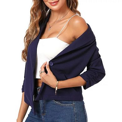 Women's 3/4 Ruched Sleeve Cropped Blazer Shawl Lapel Stylish Open Front Cardigan