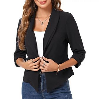 Women's 3/4 Ruched Sleeve Cropped Blazer Shawl Lapel Stylish Open Front Cardigan