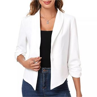 Women's 3/4 Ruched Sleeve Cropped Blazer Shawl Lapel Stylish Open Front Cardigan