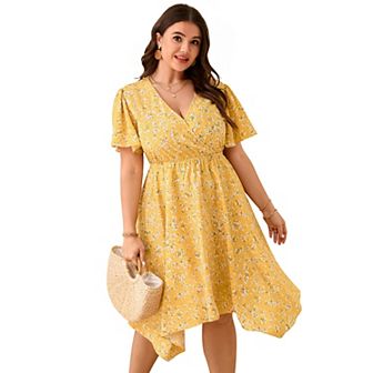Women Plus Size Wrap V Neck Midi Dress Short Sleeves High Waist Irregular Hem Summer Casual Dress