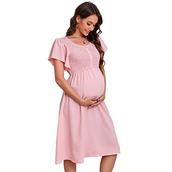 Women's Maternity Smocked Dress Summer Short Sleeve Square Neck Casual Flowy Midi Dress