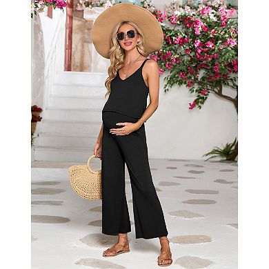 Women's Maternity Jumpsuit Sleeveless V Neck Ribbed Adjustable Strap Layered Front Wide Leg Rompers
