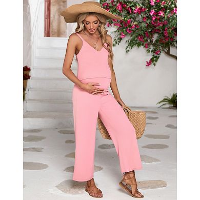 Women's Maternity Jumpsuit Sleeveless V Neck Ribbed Adjustable Strap Layered Front Wide Leg Rompers
