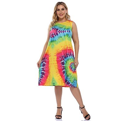 Womens Plus Size Tshirt Dresses Sleeveless Tie Dye Swing Sun Dress Beach Swimsuit