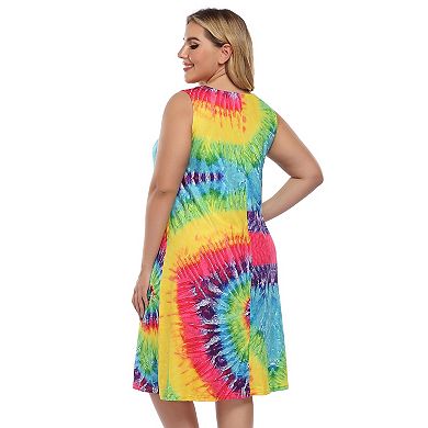 Womens Plus Size Tshirt Dresses Sleeveless Tie Dye Swing Sun Dress Beach Swimsuit