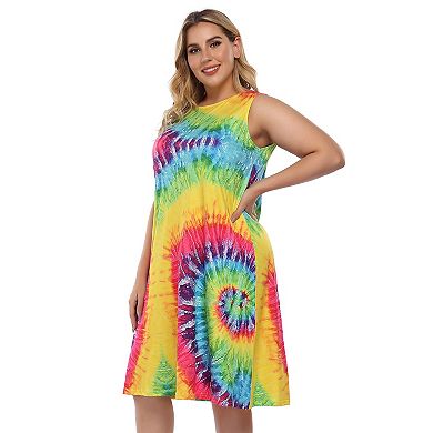 Womens Plus Size Tshirt Dresses Sleeveless Tie Dye Swing Sun Dress Beach Swimsuit