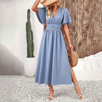 Women's Summer Casual Short Sleeve Dress Loose Sleeve Slit Thigh Dress