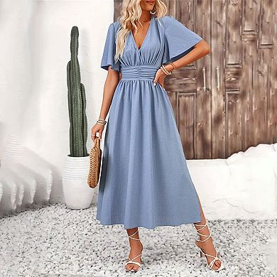 Women's Summer Casual Short Sleeve Dress Loose Sleeve Slit Thigh Dress