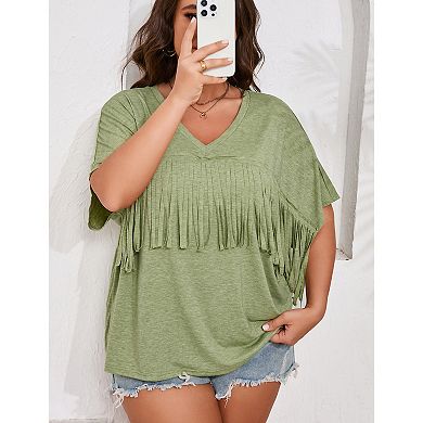 Women's Plus Size Fringe Hem Short Sleeve V-Neck Oversized T Shirt Tops
