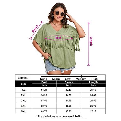 Women's Plus Size Fringe Hem Short Sleeve V-Neck Oversized T Shirt Tops