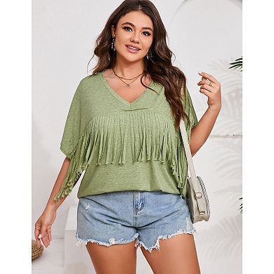 Women's Plus Size Fringe Hem Short Sleeve V-Neck Oversized T Shirt Tops