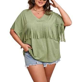 Women's Plus Size Fringe Hem Short Sleeve V-Neck Oversized T Shirt Tops