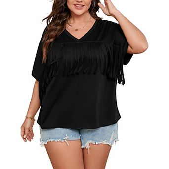 Women's Plus Size Fringe Hem Short Sleeve V-Neck Oversized T Shirt Tops