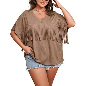 Women's Plus Size Fringe Hem Short Sleeve V-Neck Oversized T Shirt Tops