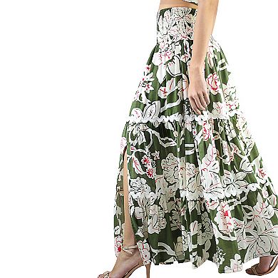 Women's 2-Piece Floral Print Smocked Crop Top and Tiered Front Slit Maxi Skirt Set