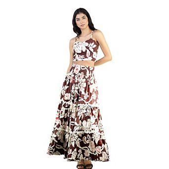 Women's 2 pc Floral Print Smocked Crop Top and Tiered Front Slit Maxi Skirt Set