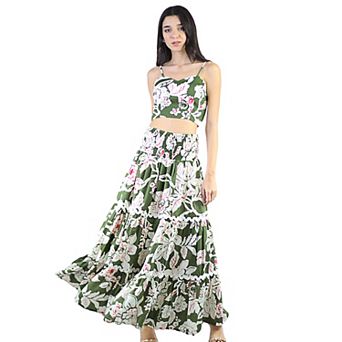 Women's 2 pc Floral Print Smocked Crop Top and Tiered Front Slit Maxi Skirt Set